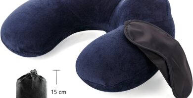 Almohada Inflable del Viaje, Cojín Inflable del Cuello de Viaje, Hecho de Terciopelo Suave y Funda Lavable con Tapones para los Oídos, Máscara de los Ojos y Bolsa de Transporte